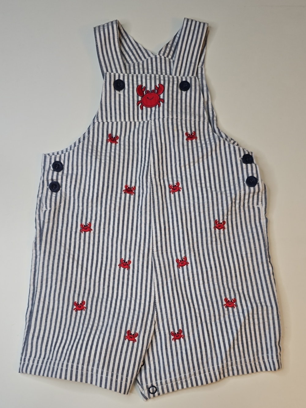 Striped Navy & White Crab Embroidered Overalls for Kids